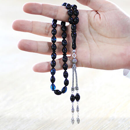 925 Ayar Gümüş Çift Püsküllü Arpa Kesim Mavi-Siyah Sıkma Kehribar Tesbih