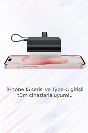 Type-C Soketli Mini Powerbank 5000mAh 2 Type-C Port Dahili Kablolu Taşınabilir Şarj Cihazı Siyah