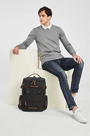 Siyah Unısex Kanvas Sırt Çantası Çok bölmeli