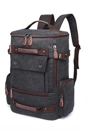 Siyah Unısex Kanvas Sırt Çantası Çok bölmeli