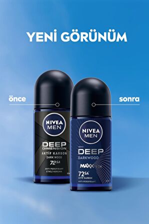 Nivea MEN Erkek Roll-on Deodorant Deep Dimension Aktif Karbon 50ml, 72 Saat Anti-perspirant Koruma,X2 Adet