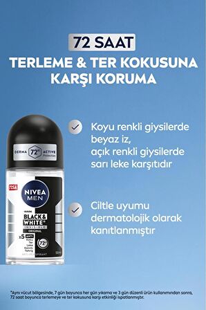 Nivea MEN Erkek Roll-on Deodorant Black&White Invisible Original 50ml, 72 Saat Anti-perspirant, X3 AdetSet