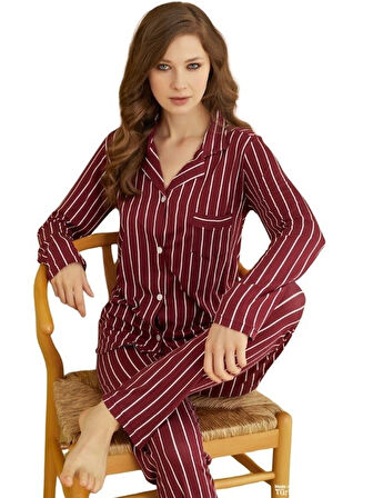 Kadın Viskon Önden Düğmeli Gömlek Yaka Göğüs Cepli Uzun Kol Mevsimlik Pijama Takımı