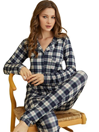 Kadın Viskon Önden Düğmeli Gömlek Yaka Göğüs Cepli Uzun Kol Mevsimlik Pijama Takımı