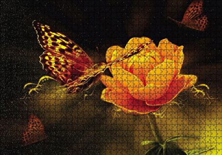 Cakapuzzle  Işık Sarı Çiçek Kelebek Puzzle Yapboz MDF Ahşap