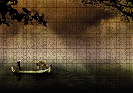 Cakapuzzle  Uzak Doğuda Kayık İle Yük Taşıma Puzzle Yapboz MDF Ahşap