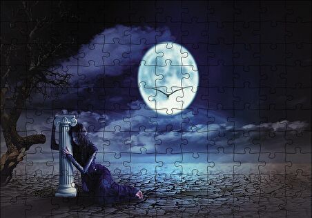 Cakapuzzle  Gecede Üzgün Kadın Fantastik Puzzle Yapboz MDF Ahşap