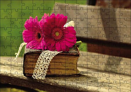 Cakapuzzle  Gerbera, Eski Kitap ve Dantel Puzzle Yapboz MDF Ahşap
