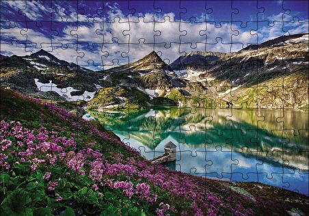 Cakapuzzle  Göl Etrafında Dağlar Bahar Puzzle Yapboz MDF Ahşap
