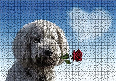 Cakapuzzle  Sevimli Köpek Gül Kalp Aşk Puzzle Yapboz MDF Ahşap