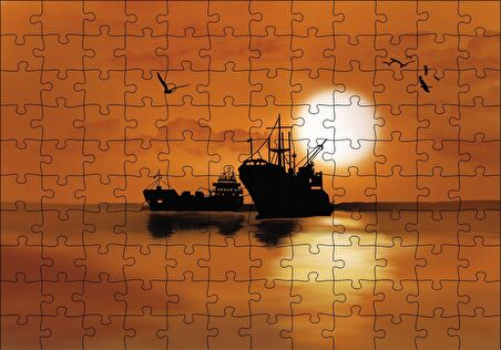 Cakapuzzle  Yük Gemisi Martılar Gün Batımı Puzzle Yapboz MDF Ahşap