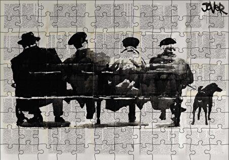 Cakapuzzle  Gazete Küpürü Üstünde Bankta 4 Adam ve Köpek Puzzle Yapboz MDF Ahşap