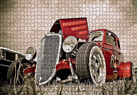 Cakapuzzle  Klasik Kırmızı Hot Rod Araba Görseli Puzzle Yapboz MDF Ahşap