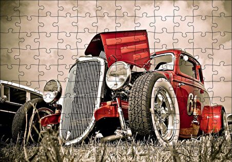 Cakapuzzle  Klasik Kırmızı Hot Rod Araba Görseli Puzzle Yapboz MDF Ahşap