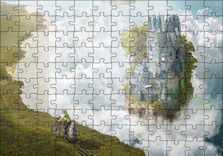 Cakapuzzle  Bulutlar Kale ve Bisikletli Genç Puzzle Yapboz MDF Ahşap