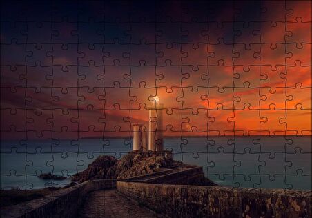 Cakapuzzle  Deniz Feneri, Günbatımı ve Kızıl Gökler Puzzle Yapboz MDF Ahşap