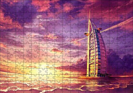 Cakapuzzle  Dubai Burj Al Arab Günbatımı ve Mor Gökler Puzzle Yapboz MDF Ahşap