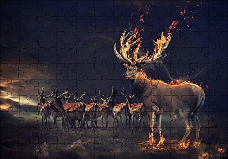 Cakapuzzle  Gece ve Geyikler İllüstrasyon Puzzle Yapboz MDF Ahşap