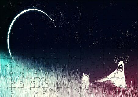 Cakapuzzle  Gece, Ay, Kız ve Tilki Puzzle Yapboz MDF Ahşap