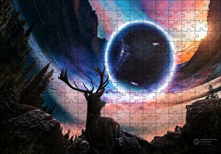 Cakapuzzle  Geyik Gezegen Dağlar Fantezik Kompozisyon Puzzle Yapboz MDF Ahşap
