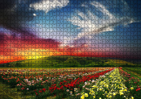 Cakapuzzle  Günbatımında Tepeler ve Rengarenk Çiçekler Puzzle Yapboz MDF Ahşap