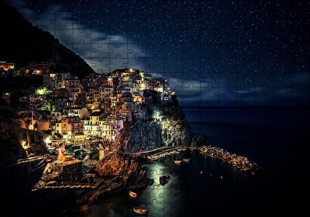 Cakapuzzle  İtalya Manarola Sahil Kasabası Gece Manzarası Puzzle Yapboz MDF Ahşap