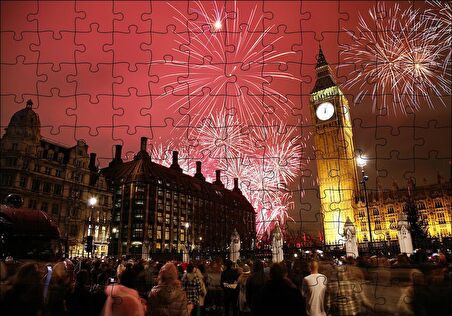 Cakapuzzle  Londra Big Ben Yılbaşı Havai Fişekler Puzzle Yapboz MDF Ahşap