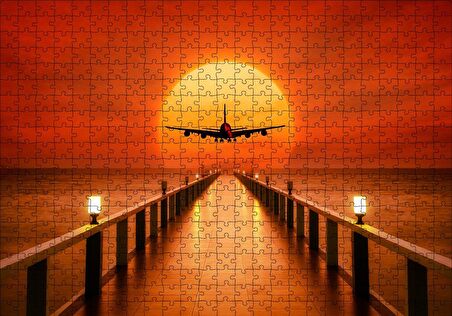 Cakapuzzle  Okyanus İskele Günbatımı ve Uçak Puzzle Yapboz MDF Ahşap