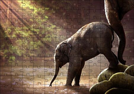 Cakapuzzle  Yavru Fil Nehir ve Güneş Işınları Puzzle Yapboz MDF Ahşap