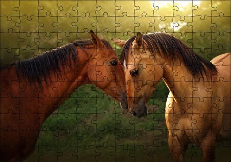 Cakapuzzle  Yeşillikler ve Kahverengi At Çifti Puzzle Yapboz MDF Ahşap