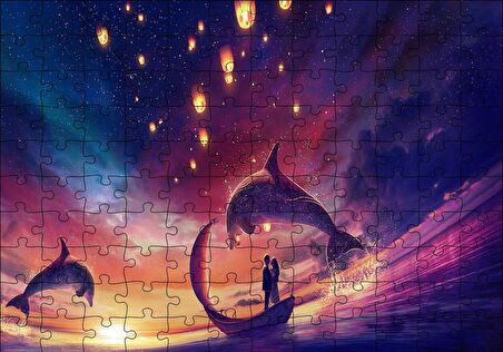 Cakapuzzle  Yunuslar ve Fantastik Sandalda Romantik Çift Puzzle Yapboz MDF Ahşap