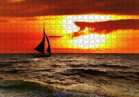 Cakapuzzle  Günbatımında Yelkenli Silüeti Puzzle Yapboz MDF Ahşap