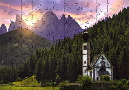 Cakapuzzle  İtalya St Magdalena Kilisesi Orman ve Dağlar Puzzle Yapboz MDF Ahşap