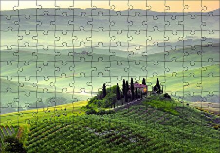 Cakapuzzle  İtalya Toscano Tepedeki Ev ve Dağlar Puzzle Yapboz MDF Ahşap