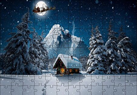 Cakapuzzle  Kulübe Karlı Dağ Geyikler ve Noel Baba Puzzle Yapboz MDF Ahşap