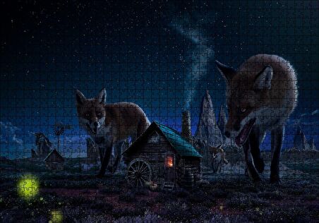 Cakapuzzle  Kulübe ve Etrafında Dev Tilkiler Puzzle Yapboz MDF Ahşap
