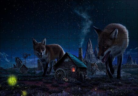 Cakapuzzle  Kulübe ve Etrafında Dev Tilkiler Puzzle Yapboz MDF Ahşap