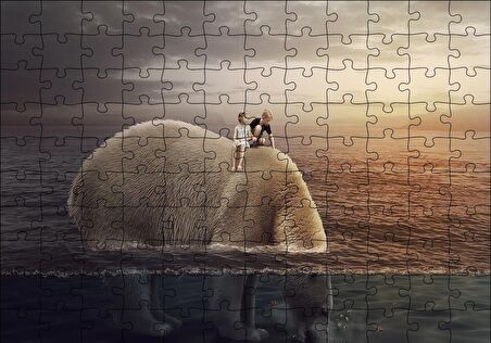 Cakapuzzle  Dev Kutup Ayısı ve Üzerinde Çocuklar İllüstrasyon Puzzle Yapboz MDF Ahşap