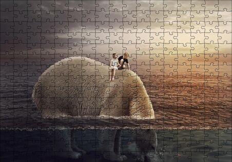Cakapuzzle  Dev Kutup Ayısı ve Üzerinde Çocuklar İllüstrasyon Puzzle Yapboz MDF Ahşap