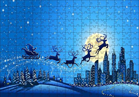 Cakapuzzle  Noel Baba, Geyikler ve Şehir Manzarası Puzzle Yapboz MDF Ahşap