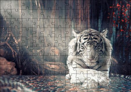 Cakapuzzle  Ormanda Uyuyan Beyaz Kaplan ve Güneş Işıkları Puzzle Yapboz MDF Ahşap