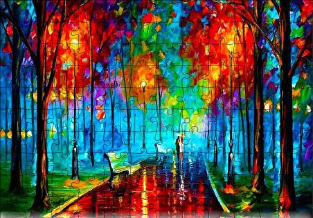 Cakapuzzle  Ağaçlı Yol Yağmur Şemsiyeli Çift Yağlı Boya Puzzle Yapboz MDF Ahşap
