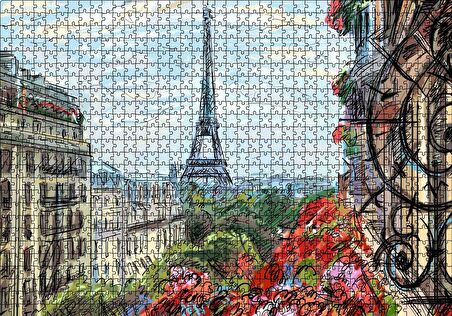Cakapuzzle  Balkondan Paris Eyfel Manzarası Artwork Puzzle Yapboz MDF Ahşap