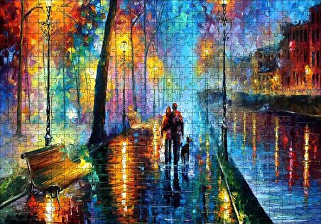 Cakapuzzle  Sokak Lambaları Yürüyen Çift ve Köpek Yağlı Boya Puzzle Yapboz MDF Ahşap