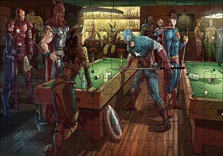 Cakapuzzle  Süper Kahramanlar Bilardo Salonunda Puzzle Yapboz MDF Ahşap