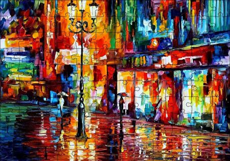 Cakapuzzle  Yağmur Mağaza Işıkları ve Sokak Lambası Yağlı Boya Puzzle Yapboz MDF Ahşap