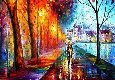 Cakapuzzle  Yağmur Sahil Şemsiyeli Çift Yağlı Boya Puzzle Yapboz MDF Ahşap