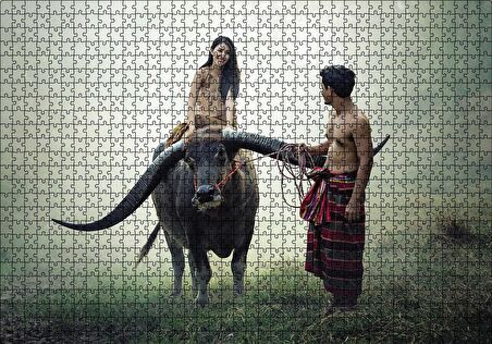 Cakapuzzle  Boynuzlu Manda Genç Kız ve Erkek Puzzle Yapboz MDF Ahşap