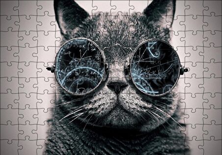 Cakapuzzle  Gözlüklü Siyah Kedi ve Formüller Puzzle Yapboz MDF Ahşap