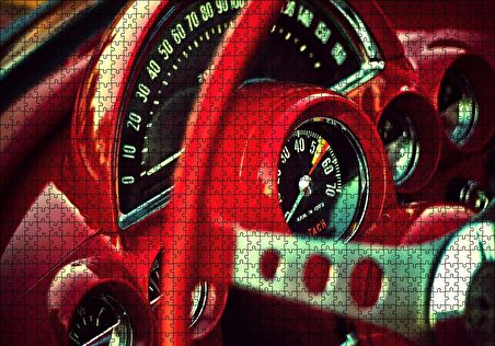 Cakapuzzle  Kırmızı Amerikan Arabası Kadranlar ve Direksiyon Puzzle Yapboz MDF Ahşap